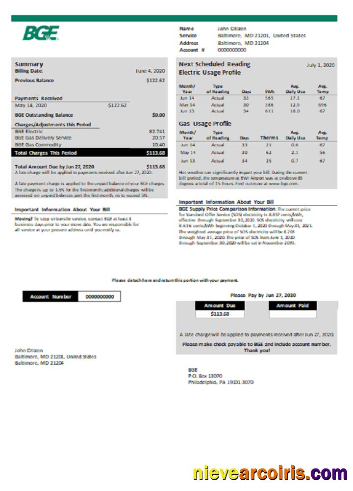 USA BGE gas and electric utility bill